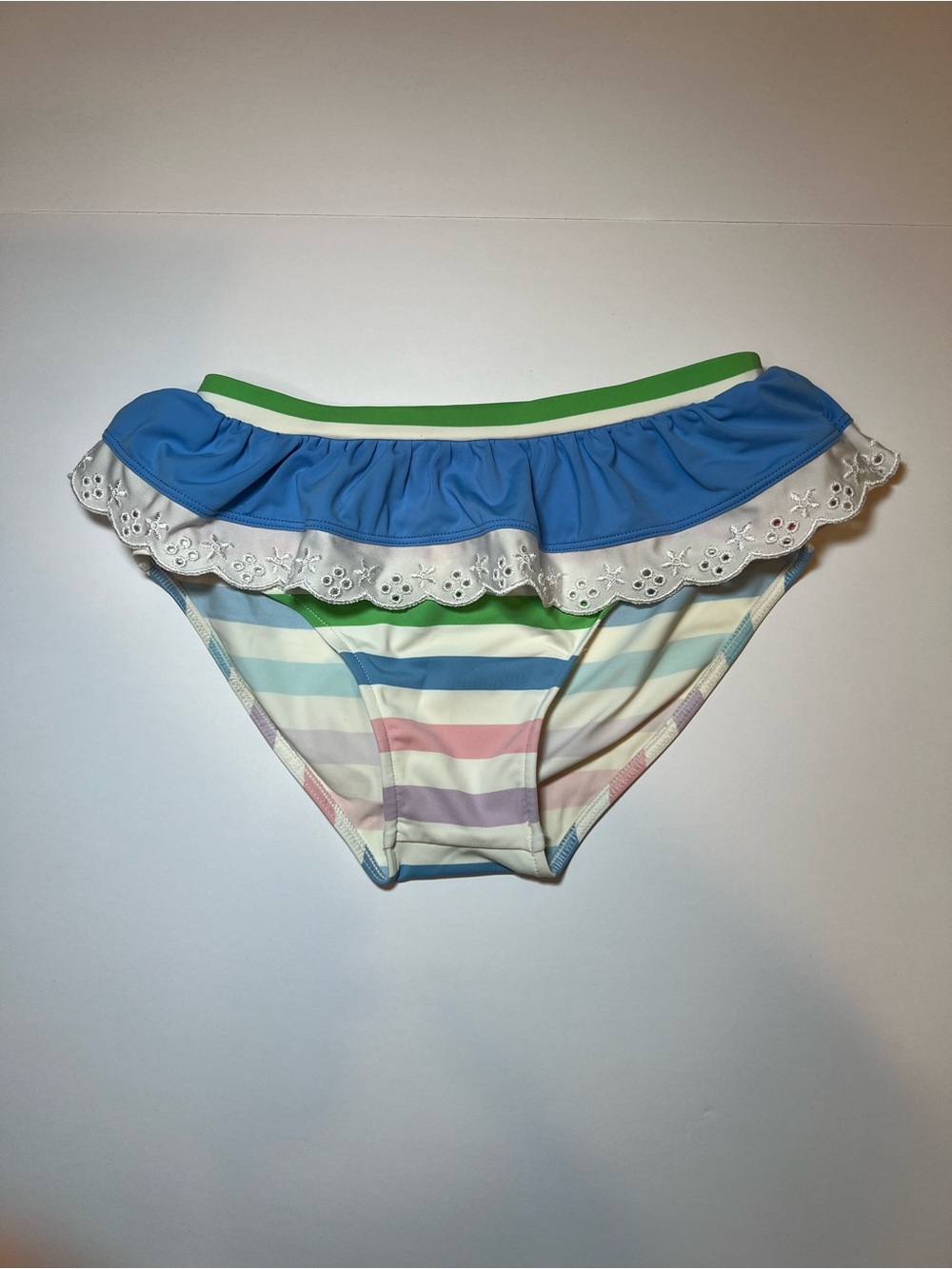 The Beaufort Bonnet Company Striped Ruffle Bikini Bottoms with white eyelet Trim